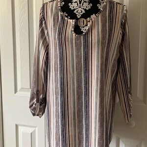 Cure Womens XL Multicolor Striped 3/4 Sleeve Blouse Round Neck Ring Detail Top